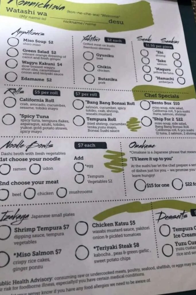 Carnival Bonsai Sushi Bar Menu