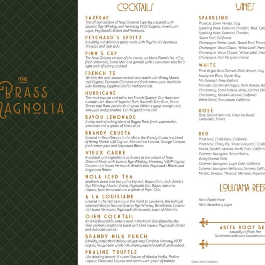 Carnival Brass Magnolia Bar Menu