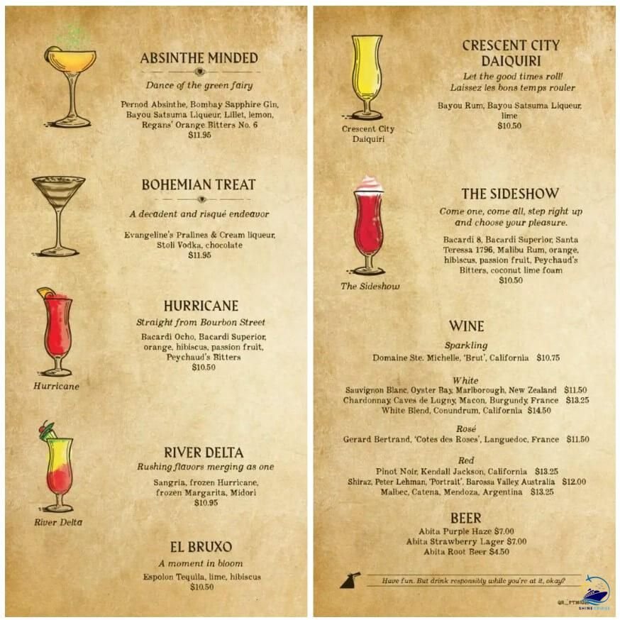 Carnival Frizzante Bar Menu 