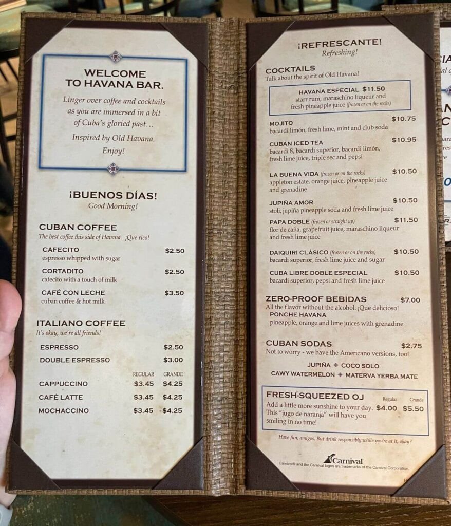 Carnival Havana Bar Menu