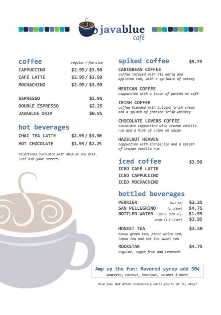 Carnival Java Blue Cafe Menu  