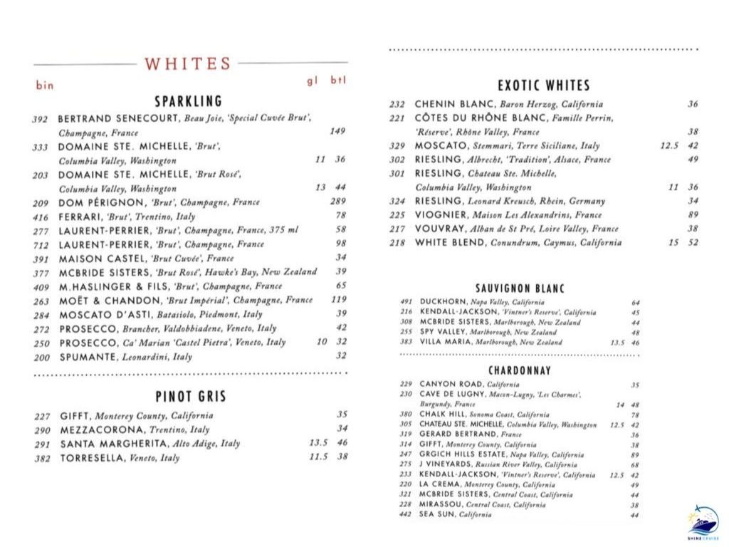 Carnival Main Dining Room Wine Bar Menu