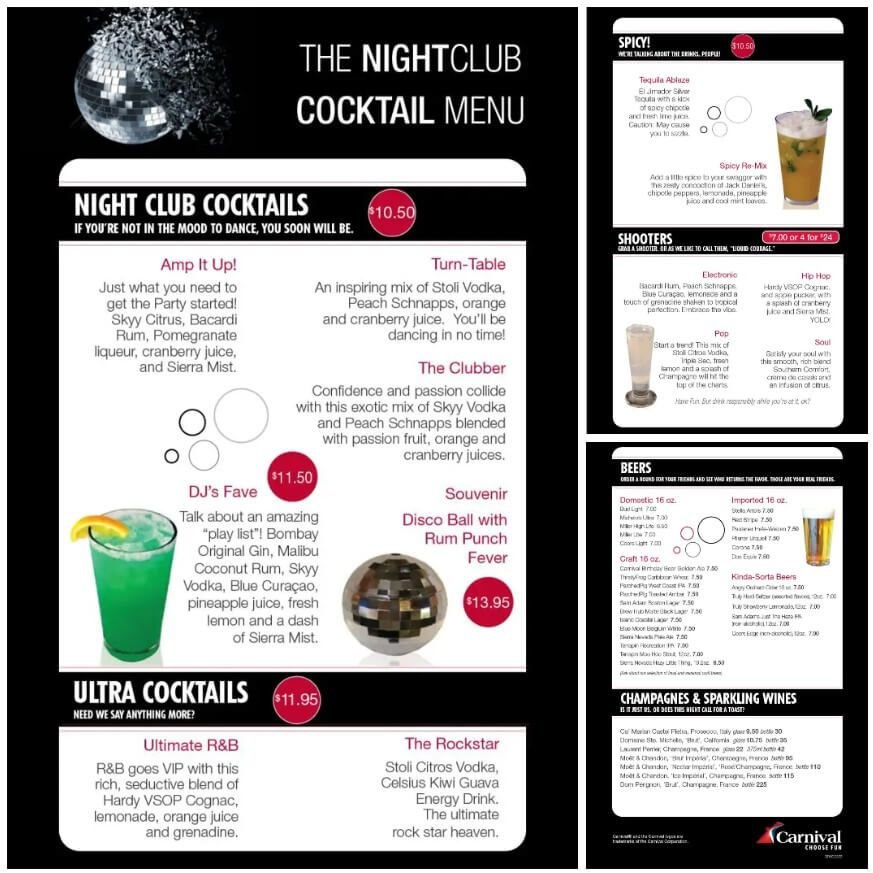 Carnival Night Club Menu