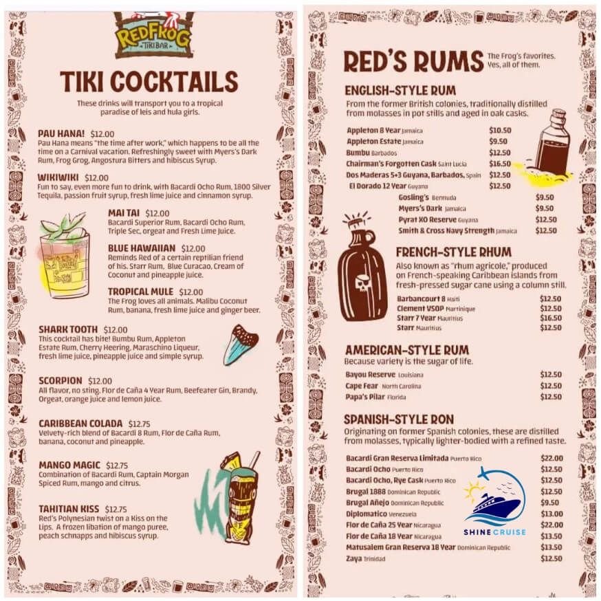 Carnival Red Frog Tiki Bar Menu