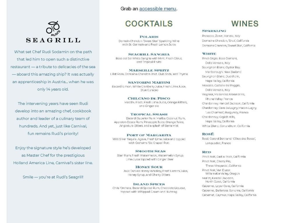 Carnival Rudi’s Seagrill Bar Menu