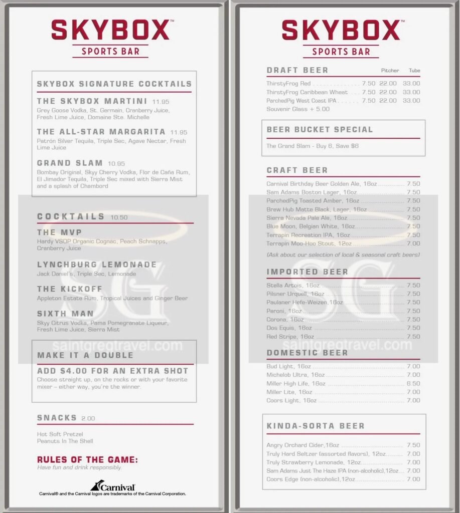 Carnival Skybox Sports Bar Menu