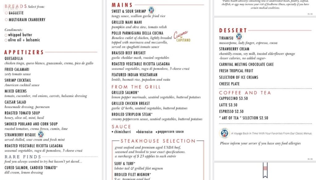 Carnival Golden Mermaid Menu